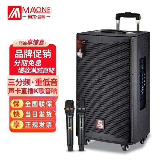 MALONE outdoor audio Bluetooth live broadcast K song square dance portable trolley speaker three-way subwoofer with sound card wireless microphone amplifier M12-inch lead-acid battery + dual microphone + gift
