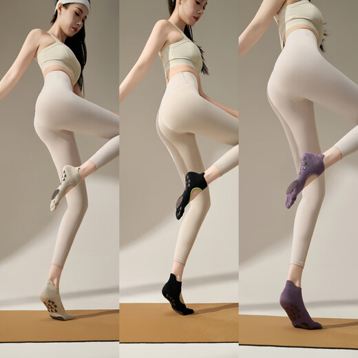 2025 new style cowhide non-slip wear-resistant split toe socks yoga socks for women's Pilates training special five-toe socks gray + black + elegant purple three pairs