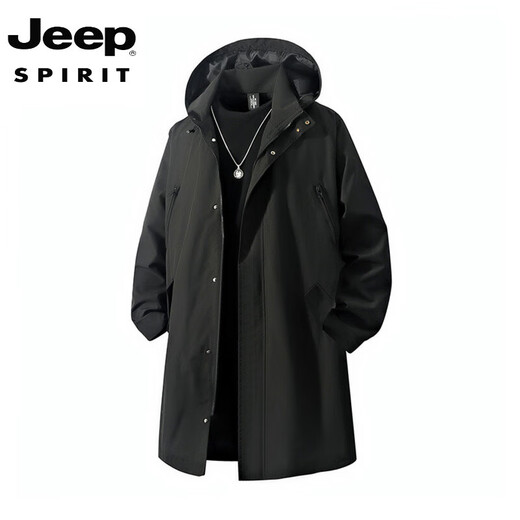 JEEP SPIRIT Large Size Men's Mid-Length Windbreaker Jacket Men's Spring and Autumn Style Fatty Loose Plus Fat Extra Large Hooded Fat Man Coat Black 2XL (220Jin Jin is equal to 0.5kg -245Jin Jin is equal to 0.5kg)
