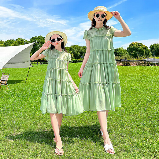 Shijanu parent-child clothing, mother-daughter summer bomb street parent-child clothing, new summer mother-daughter clothing, thin chiffon dress, stylish Korean version, green 110 cm weight 27-33Jin Jin equals 0.5 kg