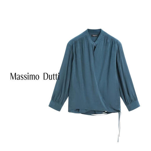 Massimo Dutti Spring and Summer New Product 2026 Women's Casual Simple Versatile Wind Elegant Cross Blouse Shirt 05108708 Green S (170/88A)