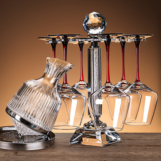 Crystal red wine glass decanter home set light luxury high-end European-style burgundy tall wine glass high-value red stem 450ml red wine glass 6 pieces + white diamond rotating stand +