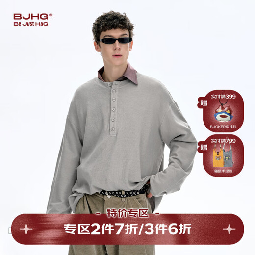 BJHG reckless henley collar polo shirt men's long-sleeved T-shirt 2025 new trendy brand autumn casual sweater for women mica gray L