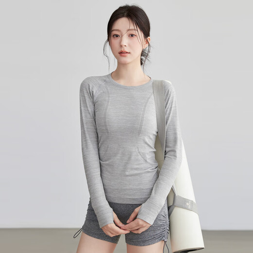 Youyou round neck quick-drying yoga clothes for women slim and elastic sports long-sleeved Pilates running training fitness clothes Falling cherry powder seamless one-piece weaving S recommended 80-95 Jin Jin equals 0.5 kg