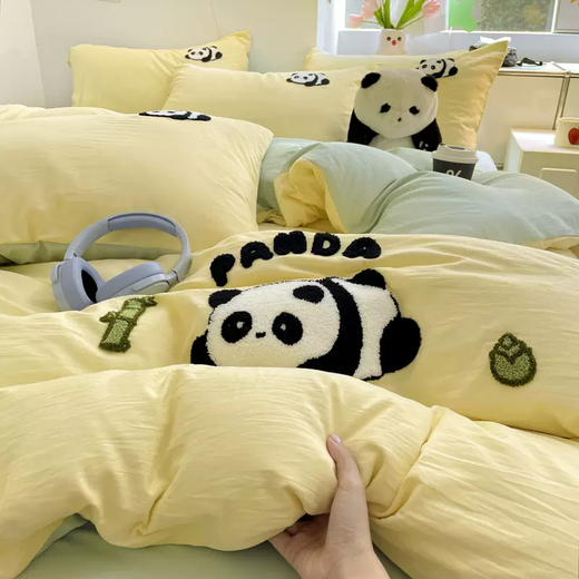 Yusenyi cute washed cotton towel embroidered four-piece bed sheet, quilt cover, fitted sheet, pure cotton, cotton student dormitory Spongebob custard, type A towel embroidery, soft and skin-friendly, 1.2m bed sheet, dormitory three-piece quilt cover 150x200