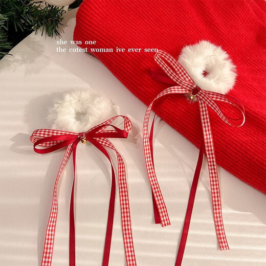 Shui Yunmiao autumn and winter Christmas bell plush bow hair tie new high-end headband rubber band New Year hairpin hair accessories bell plush bow hair tie plus velvet style one pair