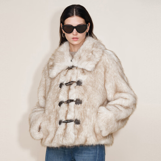 Fabrique Beige Gradient Imitation Fox Fur Large Lapel Horn Button Short Fur Jacket 2025 Winter Beige XS