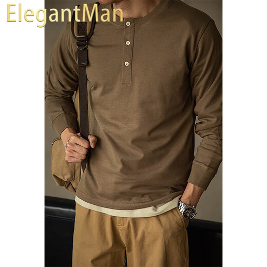 ElegantMan's workwear American retro tough guy style heavy henley shirt T-shirt long-sleeved cotton inner layering shirt men's winter brown M