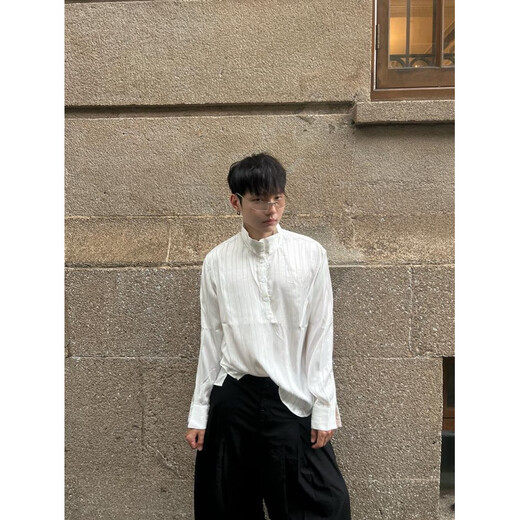 Zhaoxun old money style shirt retro striped noble glossy lazy style top men's loose drape silky Henry collar shirt white high quality M
