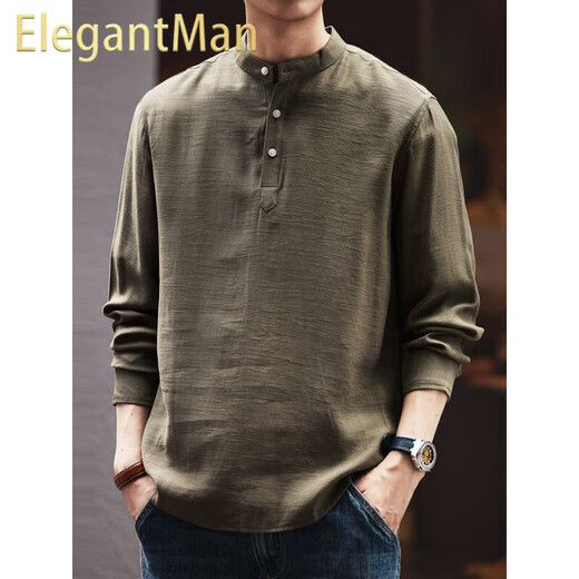 ElegantMan high-end vintage linen blended men's long-sleeved shirt autumn new Chinese Henry collar shirt Green M _Suitable for 110-130Jin Jin equals 0.5kg