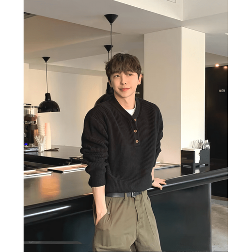 Guan Chen Old Money Style Henley Collar Sweater Men's Knitted Sweater Men's American Loose Long Sleeve Open Button Workwear Knitted Henley Sweater Black M