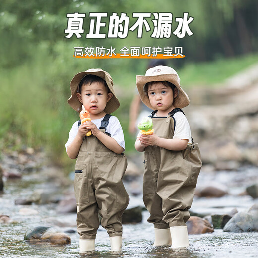 Yuzhiyuan children's wading jumpsuit, one-piece seasuit, rain pants with rain boots, water play jumpsuit, children's overalls with big eyes, thickened PVC style, candy green 23_(shoe inner length 14)