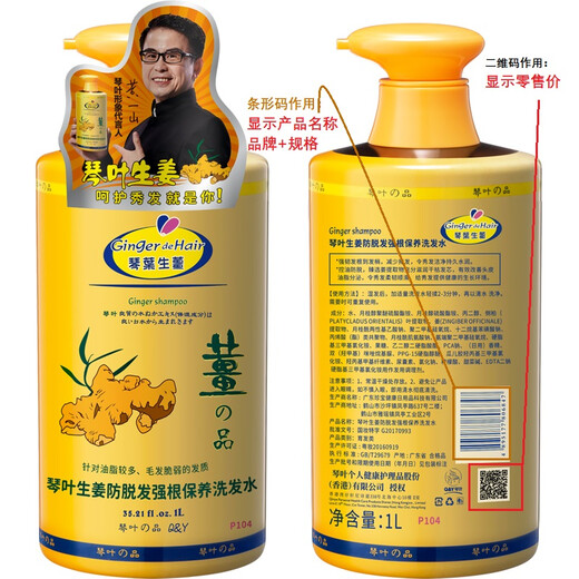 琴叶（Q&Y）侧柏叶生姜洗发水1000ml 经典P104 防脱育发 强根保养 韧发控油