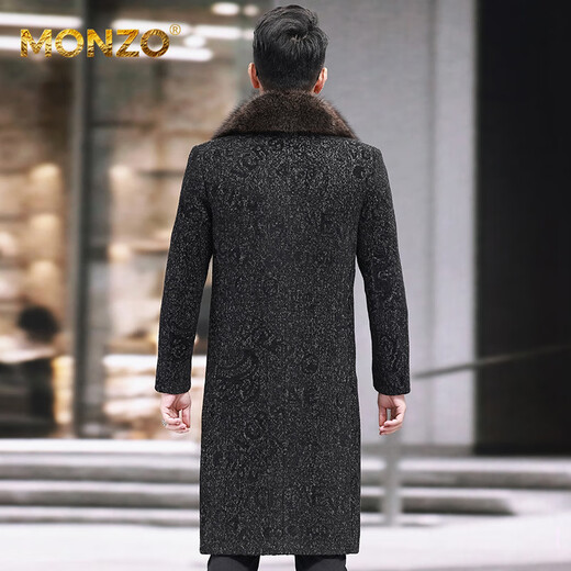 MONZO国际一线品牌新款羊毛大衣男士呢子修身长款皮草外套加绒内胆复古 黑色 羊毛外套(貉子毛领) L 175/x (125-140斤)