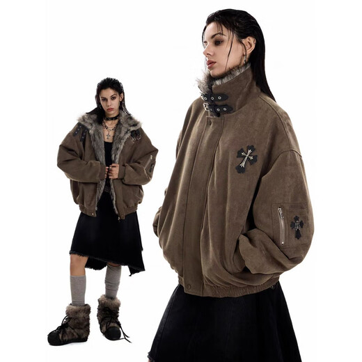 Avansby American retro Maillard lapel, mountain carving cross, thickened design, warm fur collar jacket, loose cotton coat, black L