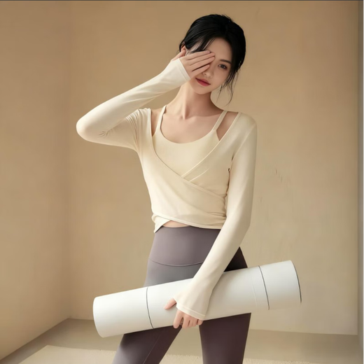 Bai Qixin yoga wear Pilates top for women spring and summer running sports fashionable mesh fitness suit high-end two-piece set milk white blouse + milk white bra M