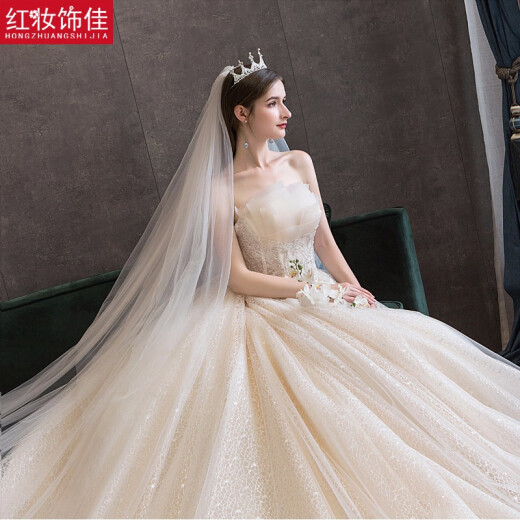 Red makeup best 2022 new forest style trailing light wedding dress bride wedding princess starry sky tube top wedding dress for women champagne color trailing M