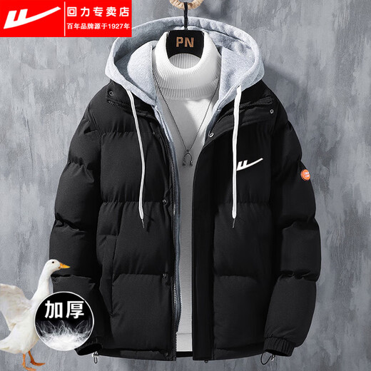 Warrior (Warrior) down jacket men's winter new thickened bread jacket teenagers fake two-piece loose hooded white duck down jacket black Warrior genuine L 105-120Jin Jin equals 0.5 kg