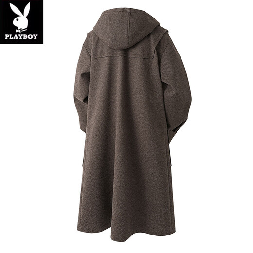 Playboy (PLAYBOY) Horn Button Woolen Coat Men's Mid-Length Over-the-Knee Hooded Windbreaker Spring and Autumn Premium Woolen Coat Men's Brown XL