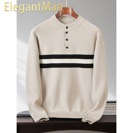 ElegantMan Half Turtleneck Sweater Men's Bottoming Sweater Autumn and Winter Casual Contrast Color Striped Henley Collar Trendy Sweater Light Gray S 165__ Suitable for 105-120Jin Jin equals 0.5 kg