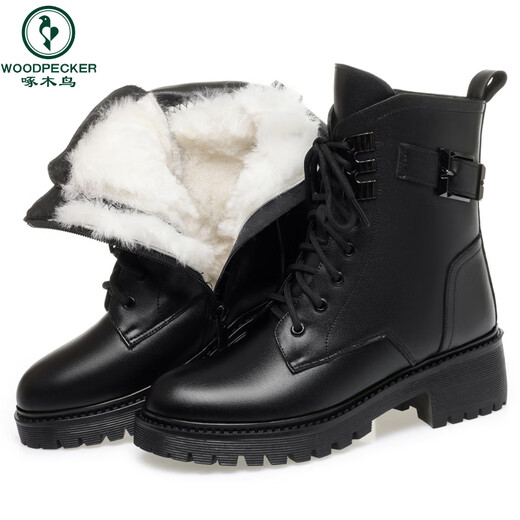 Woodpecker Martin Boots Women's Genuine Leather 2025 Autumn and Winter New Plus Velvet Large Size Short Boots Mid Heel Fur Integrated Warm Large Cotton Shoes Black Thickened Wool Lining 38