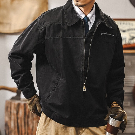 Jeanswest American retro heavyweight workwear jacket for men in autumn trendy brand casual loose washed Detroit jacket for men in spring and autumn black 2XL suitable for 160-180Jin Jin is equal to 0.5 kg