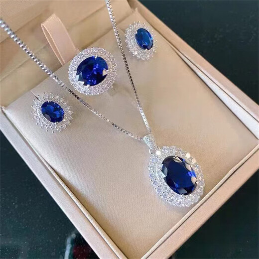 Fat Donglai's same style tanzanite earring set, sapphire set, ring and necklace, three-piece set, European and American style, light luxury women's pendant necklace