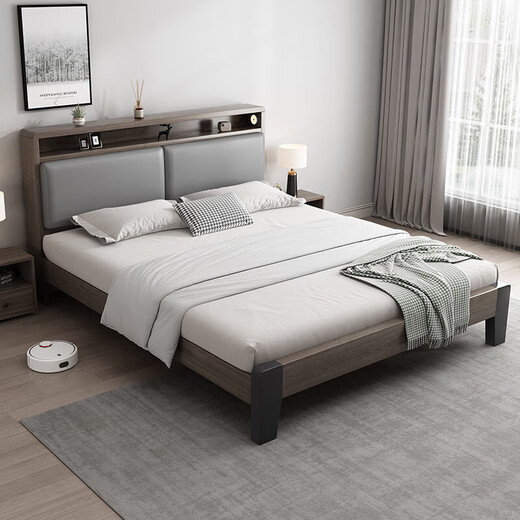 Bed 1.5mx2m solid wood bed rental room modern simple double bed oak gray single bed 1.8*2m