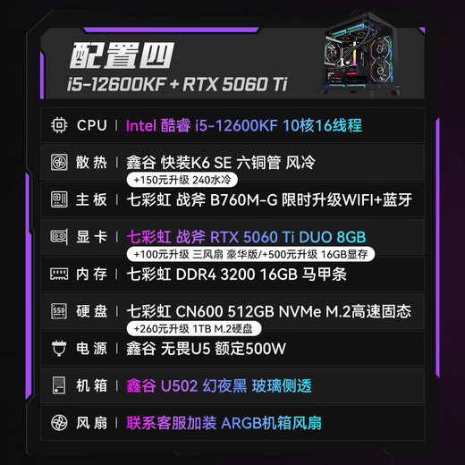 Colorful Core i5 14400F/14600KF/5060/5060ti/5070 game console desktop computer DIY assembly machine mainstream game 12600KF+16G+512G+5060Ti single console