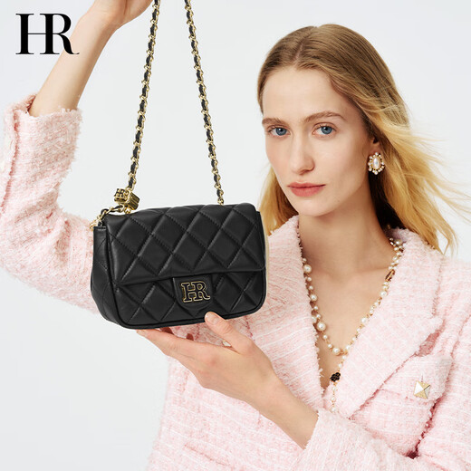 HR赫莲娜包包女包小香风经典百搭菱格链条包女头层牛皮单肩斜挎包女 黑色