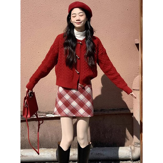 Hao'e lazy style red sweater cardigan coat for women autumn and winter Korean atmosphere knitted top for inner and outer wear knitted sweater jacket red one size fits all