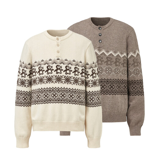 Nanzihan Christmas Penguin Fair Isle Henley Neck Sweater for Men and Women, Autumn and Winter Lazy High-Quality Knitwear, Apricot M