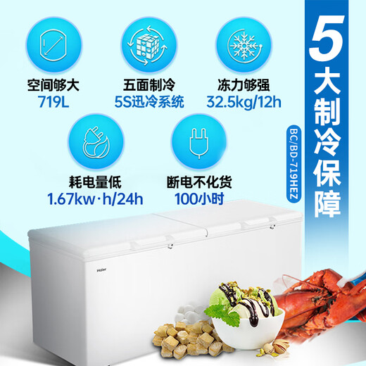 海尔（Haier）冰柜家用大容量全冷冻冷藏转换能效节能省电单温卧式冷柜商用大型零下水产海鲜牛羊肉超低温保鲜柜 719升 零下-38度PCM内胆700升以上1米9