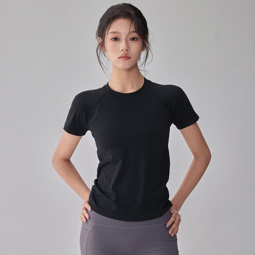 Quick-drying dry yoga clothes short-sleeved women's slim fit breathable sports tops running Pilates professional fitness clothes T black A style XL