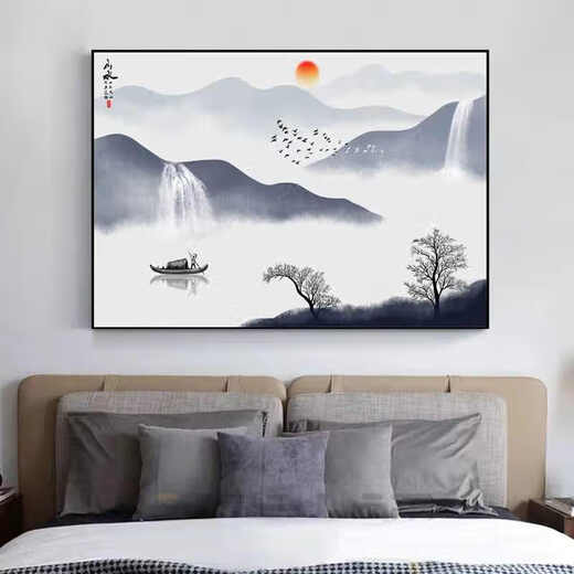 
Sensual paintings New Chinese style landscape paintings Restaurant dining room decoration painting Atmospheric bedroom bedside hanging paintings Living room tea room background wall mural JD15685 100*70CM crystal porcelain aluminum alloy black frame