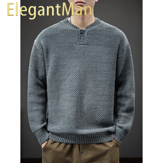 ElegantMan Autumn Trendy Japanese Retro Henley Collar Sweater Men's Pullover Loose Knitwear Autumn and Winter New Style Inner Sweater Floral Gray S _Suitable Weight 90-115Jin Jin is equal to 0.5 kg