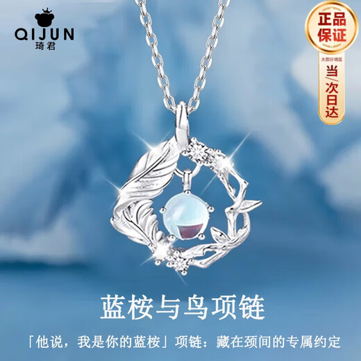 Qijun Blue Eucalyptus and Bird S925 Silver Necklace Girls Silver Pendant Anniversary Birthday Gift for Girlfriend and Wife