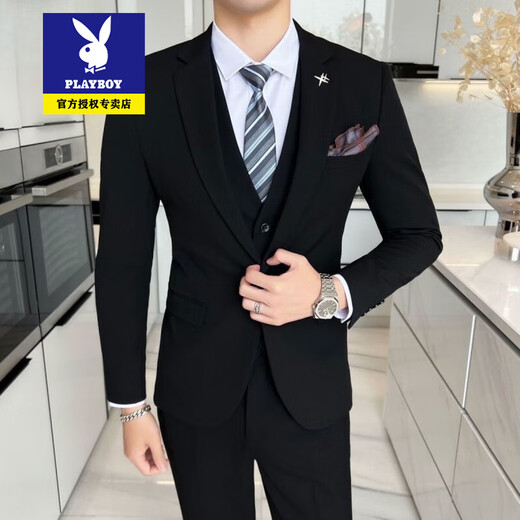 Playboy suit men's three-piece suit Korean version slim business formal casual small suit groom groomsman wedding dress 719/black two-piece suit + pants XL recommended 120-135Jin Jin equals 0.5 kg