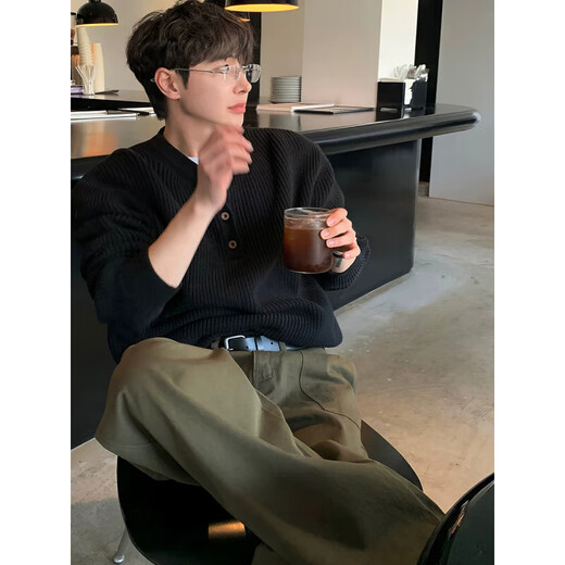 Guan Chen Old Money Style Henley Collar Sweater Men's Knitted Sweater Men's American Loose Long Sleeve Open Button Workwear Knitted Henley Sweater Black M