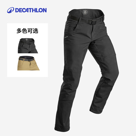 DECATHLON outdoor fleece pants for men, plus velvet, thickening, breathable, warm, water repellent, loose trousers, windproof trousers, soft shell pants, black gray M/L / W33 L31 42