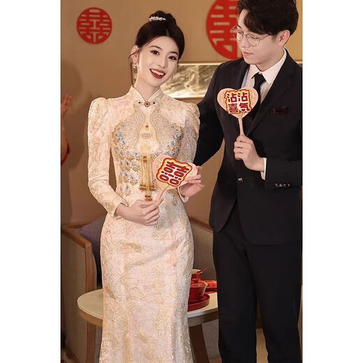 Fenggao (fenggao) Toast Wear Bridal 2025 New Winter Clothes Chinese Cheongsam Toast Wear Bridal Fishtail Skirt Xiuhe Suit Champagne Color Long Sleeve XL