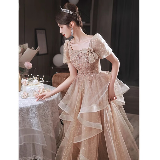 Fu Ling Piano Performance Wear Female High School Senior Evening Dress 2026 New Banquet Art Exam Light Luxury Niche High-end Main Champagne Color Mid-Length Version YH067 S