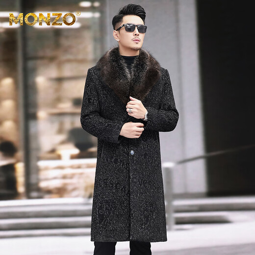 MONZO国际一线品牌新款羊毛大衣男士呢子修身长款皮草外套加绒内胆复古 黑色 羊毛外套(貉子毛领) L 175/x (125-140斤)