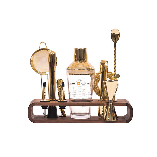 CLCEY cocktail shaker set gold 304 stainless steel glass scale gift box drink mixing tool shaker cup segmented glass set (bamboo and peach wood frame)