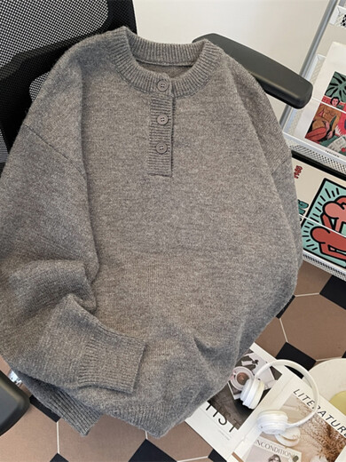 Xiaohongshu's popular solid color Henry collar sweater men's autumn and winter fashionable high-end sweater loose American style retro light gray M one size fits all