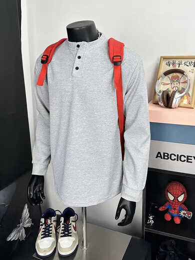Cleanfit gray henley collar long-sleeved t-shirt men's American polo collar inner layering shirt hawaffle sweatshirt light gray upgraded model M