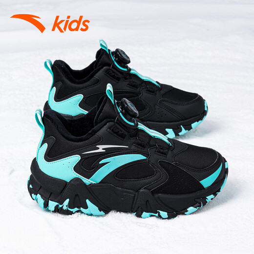 ANTA (ANTA) children's shoes, boys' shoes, sports shoes, warm plus velvet cotton shoes, autumn non-slip outdoor leisure sports snow boots for middle and large children, black/fluorescent aqua-4 35