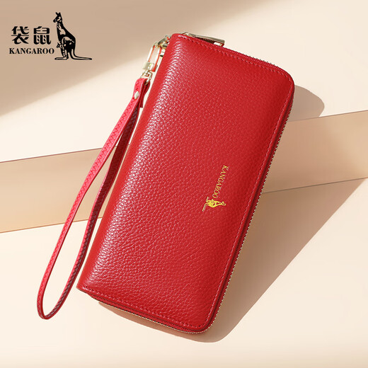 Kangaroo (KANGAROO) long wallet women's genuine leather zipper clutch 2025 new first layer cowhide clip women's clutch clutch bag elegant red