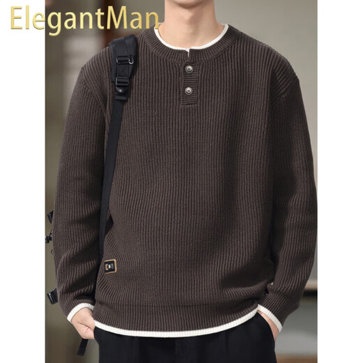 ElegantMan Henry Collar Sweater Men's 2025 New Autumn and Winter Loose Lazy Style Boys' Sweater Tops Men's Trendy Brown M_Suitable-135Jin Jin is equal to 0.5 kg