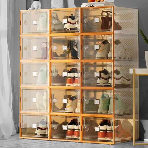 Shoebox (shoebox) shoe box storage box transparent shoe cabinet dormitory shoe artifact internet celebrity space-saving drawer folding sneaker plastic shoe rack high transparency model can hold 42 sizes small orange 32 pieces 0x0x0cm